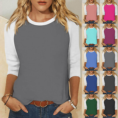 #ad Women 3 4 Sleeve Top Summer Casual Versatile Raglan Shirt Round Neck Casual