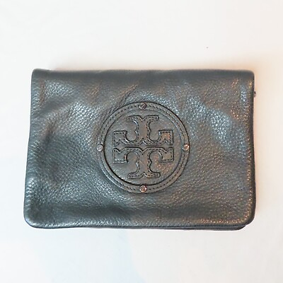 #ad TORY BURCH Black Leather Reva Clutch Logo Zipper Soft Purse Bag