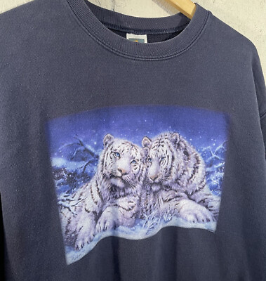 #ad Vintage Snow Tigers White Tiger Crew Neck Sweatshirt Animal Graphic Mens Large