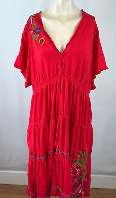 #ad Joy Love Light Women#x27;s 3X Red Embroidered V Neck Tiered Dress