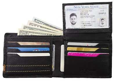 #ad Premium Leather RFID Blocking Mens Black Wallet Bifold ID Wallet