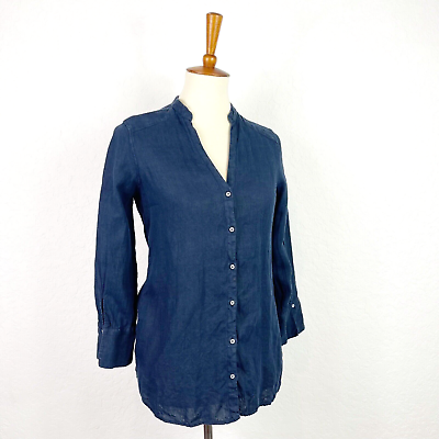 #ad Zara Navy Blue 100% Linen Collarless Button Up Blouse Women#x27;s Size XS Business