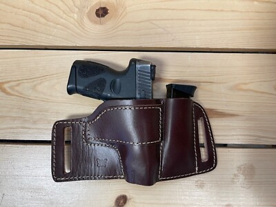 #ad Pancake style leather holster with mag or knife sheath for auto or revolver Blk
