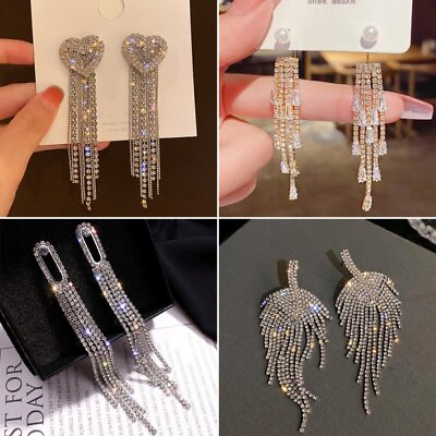 #ad 925 Silver Tassel Zircon Pearl Earrings Women Drop Dangle Ear Stud Jewellery New