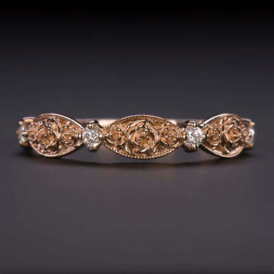 #ad DIAMOND 14 ROSE GOLD FLOWER RING ETERNITY WEDDING BAND FLORAL BOTANICAL STACKING
