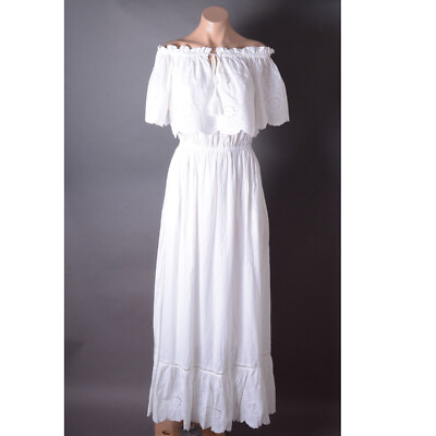 White Off Shoulder Pockets Crochet Ruffle Boho Fringe Short Sleeve Maxi Dress $89.99