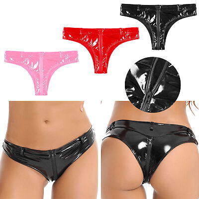 #ad US Womens PVC Leather Zipper Bikini Briefs Wet Look High Cut Thong Lingerie