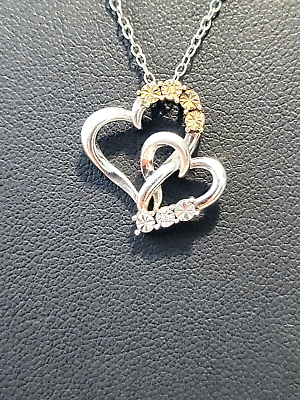 #ad 925 SILVER NECKLACE 18quot; HEARTS GOLD ACCENT WHITE SAPPHIRES LOVE FAMILY BY RL 33