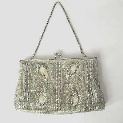 Vintage Beaded Silver Evening Bag Handbag Purse Clasp Chain Strap DAMAGED $49.99