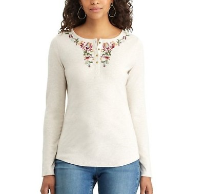 #ad Women#x27;s Chaps Floral Embroidered Henley Color: Tan Navy MSRP $59.00 P
