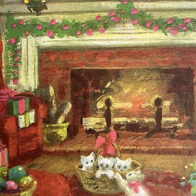 #ad Vintage Mid Century Christmas Greeting Card Basket Of Kittens Cat Fire Fireplace