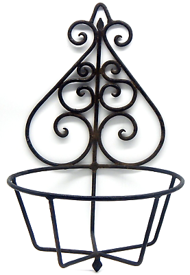#ad Vintage Wrought Iron Large Heavy Scrolled Patio Wall Hanging 24quot; Plant Holder