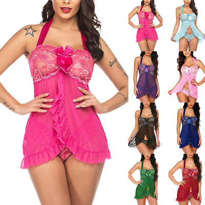 #ad Womens Lace Nightdress Thong Babydoll Sexy Lingerie Ladies Nightwear Sleepwear