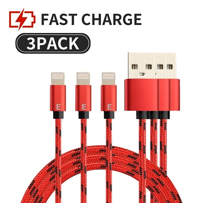 #ad 3 Pack USB Fast Charge Cable Heavy Duty Nylon For iPhone 13 12 11 8 7 6 iPad Red