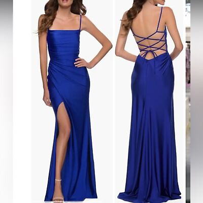 #ad New La Femme Square Neck Shiny Royal Blue Gown Dress