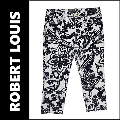 #ad Robert Louis Black Pants Size XL Floral Flat Front Capris