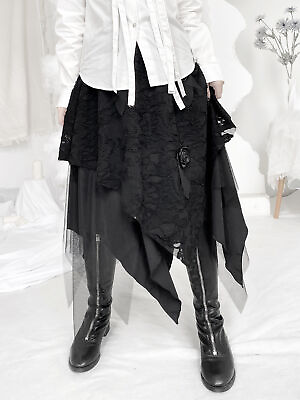 #ad Fashion Party Midi Dress Women Gothic Layers Asymmetric Mesh Ripped Flower Skirt