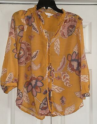 #ad LC Lauren Conrad Womens Button Front Ruffle Collar Orange Floral Blouse Medium