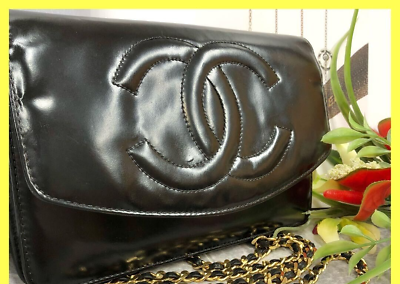 #ad CHANEL Patent Leather COCO MARK Mini Crossbody Bag Wallet Women Black CC Genuine
