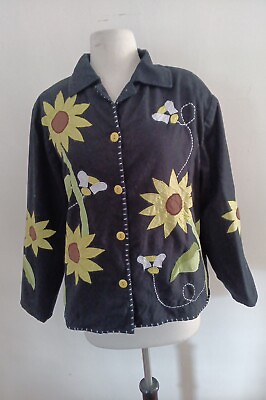 #ad Moka Jacket Bright Yellow Sunflowers Black Women#x27;s Size Medium