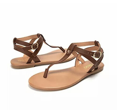 #ad Thong Flat Sandals Casual T Strap Dress Sandals Ankle Buckle Colgo Brown Sz 8