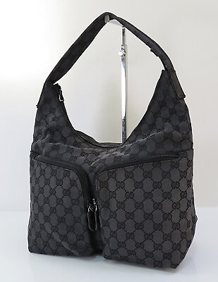 #ad Auth GUCCI Black GG Canvas with Double Pockets Hobo Shoulder Bag Purse #55859B