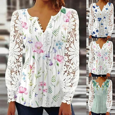 #ad Womens Floral V Neck Lace Long Sleeve T Shirt Casual Loose Tunic Tops Blouse US