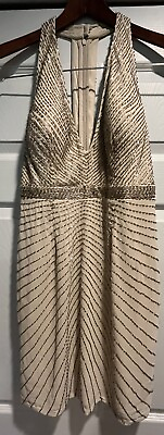 #ad AIDAN MATTOX Size 6 Beaded Cocktail Halter V Neck T Strap Back Light Gold Dress