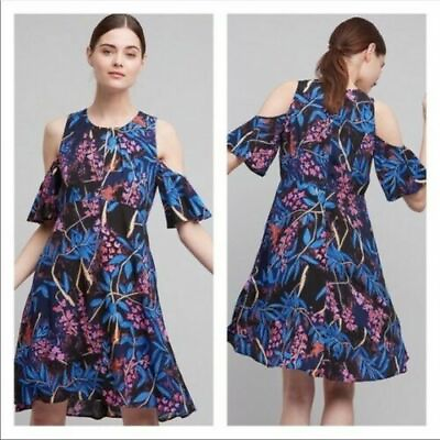 #ad Anthropologie Maeve Elia floral Dress Open Shoulders Size 8 black Blue $138 New