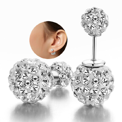 #ad 925 Sterling Silver Double Crystal Ball Earrings Stud Womens Charm Jewelry B98