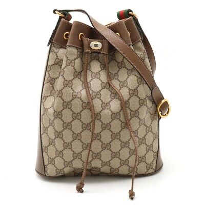 #ad GUCCI Shoulder Bag Drawstring Bucket GG Sherry Line Vintage PVC Leather Brown