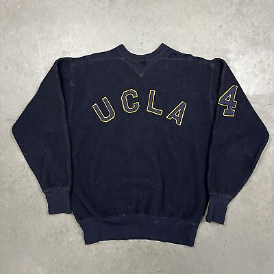 #ad Vintage 30s 40s UCLA Wool Double V Crewneck Sweater Blue L