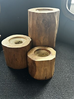 #ad Set of 3 Wooden Carved Candle Holders Ranging In Size From 3 1 2” To 8”