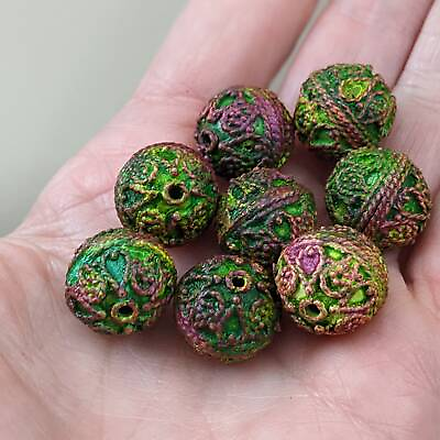 #ad Verdant Green amp; Rose Pink Brass Beads Unique Color by the Pair 15930