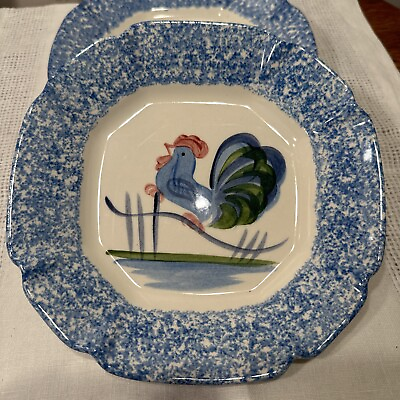 #ad 4 Vintage Rooster LA Pottery blue sponge ware Dinner plate hand painted Chicken