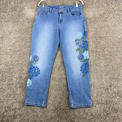 #ad Styleamp;co. Petite Curvy Boyfriend Jeans Women#x27;s 10P Blue Mid Rise Floral Print