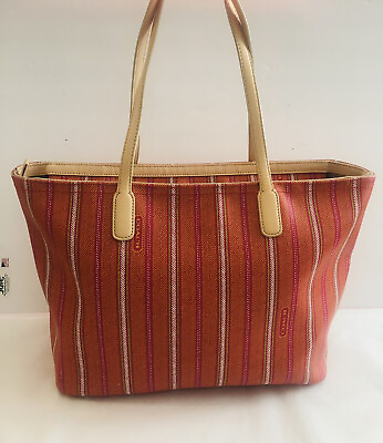 #ad Coach Legacy Tote Bag 23108 Orange Stripe Coated Canvas Leather Handles
