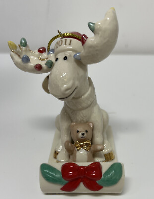 #ad 2011 Lenox Porcelain Annual Xmas Ornament Merry Moosecapades Snow Sled Moose