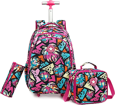 #ad Girls Rolling Backpacks with Wheels 3PCS Feather Backpack Set for School