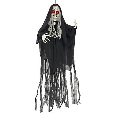 #ad Hanging Scary Girl Decoration Screams Light Up Red Eyes Black Halloween Prop 39quot;