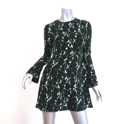 #ad A.L.C. Mini Dress Trixie Black Green Printed Silk Size 0 Bell Sleeve
