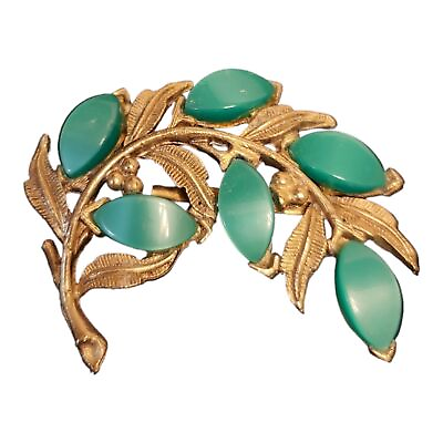 #ad Vintage Leaf Branch Brooch Silver tone Turquoise colored leaves 2 1 2quot; x 1 5 8quot;