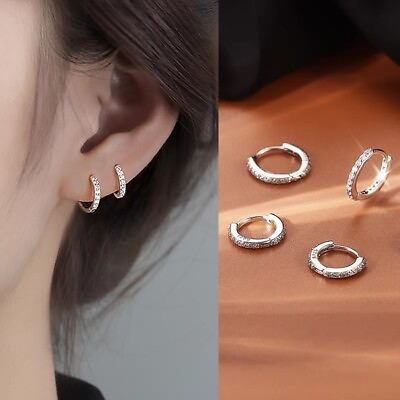 #ad Womens CZ Crystal Huggie Hoop Earrings Plated 925 Sterling Silver Trendy Jewelry
