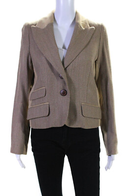 #ad Pink Tartan Womens Brown Printed Wool Two Button Long Sleeve Blazer Size 10