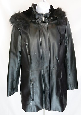 #ad Womens Croft amp; Barrow Leather Coat Sz S Faux Fur Hood Quilted Zip Out Lining GUC