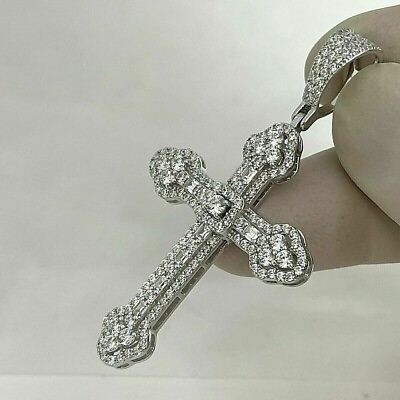 #ad 1 CT Lab Created Diamond Cross Mens Necklace Pendant 14K White Gold Finish