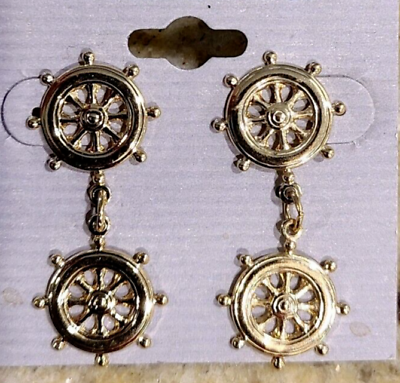 #ad Vintage Gold Tone Ship#x27;s Wheel Helm Stud Dangle Earrings. Nautical New Old Stock