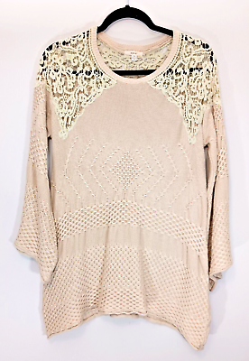 #ad Easel Anthropologie Lace Tunic Sweater Romantic Sz S M Beige Crochet Bell Sleeve