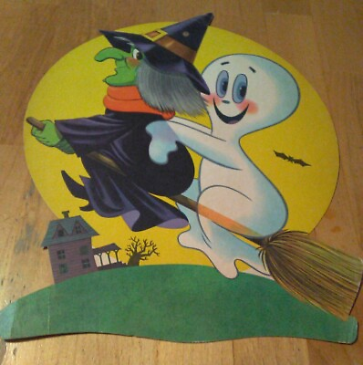 #ad 1950s HALLOWEEN cardstock hanging decoration WITCH and GHOST rare