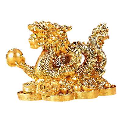 #ad Golden Asian Chinese Feng Shui Dragon on Money Coins Figurine Good Luck Statues